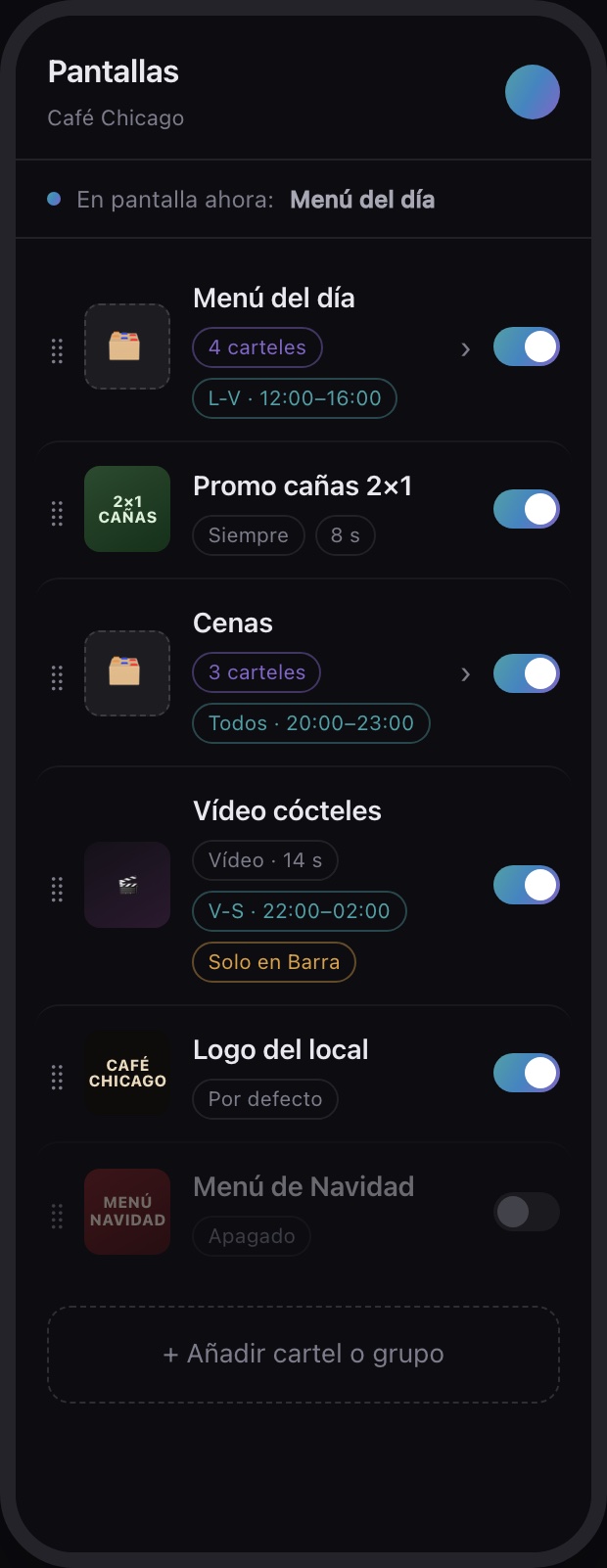 Panel de pantallas de Café Chicago en el móvil